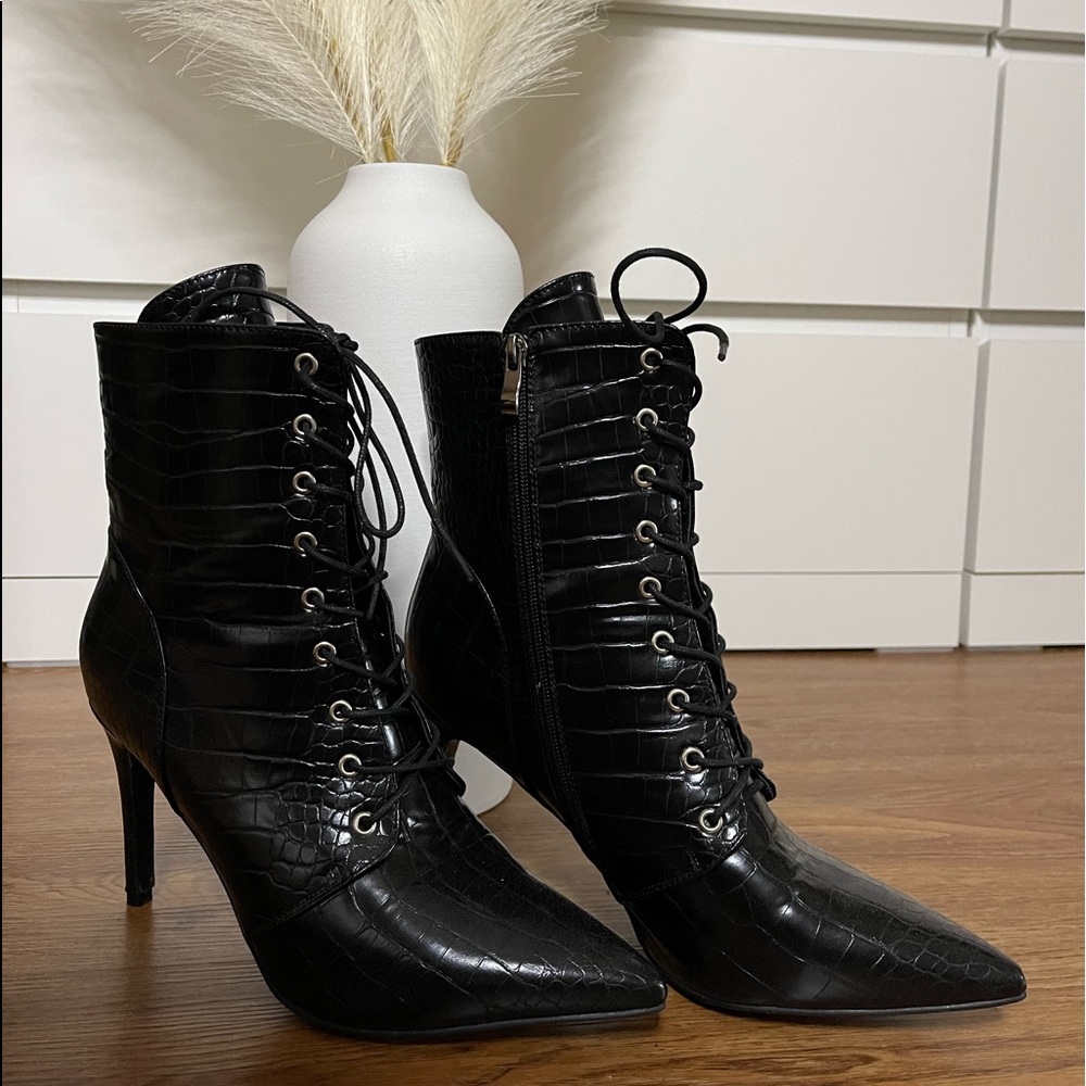 Croc print stiletto boots